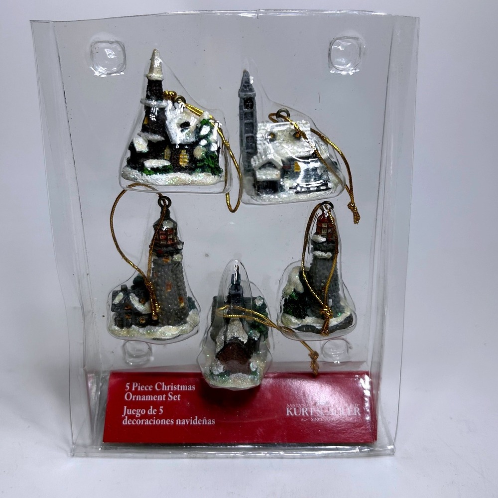 Kurt Adler Thomas Kinkade 2009 Christmas Ornament Set 5pc Winter Lighthouse Vill